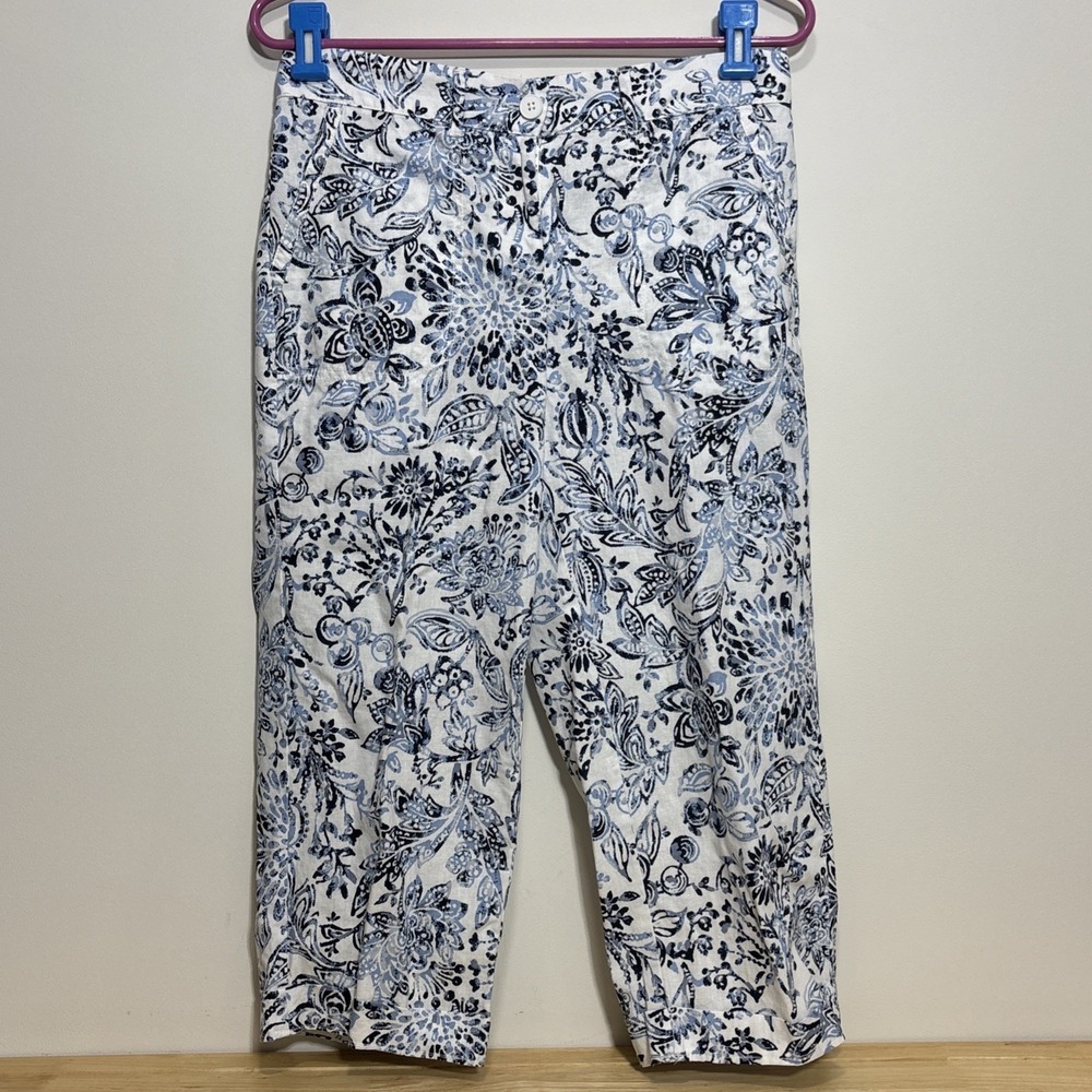 Talbots Women's Perfect Crop Pant Size 8P Blue Linen Floral‎ Petite Straight Leg